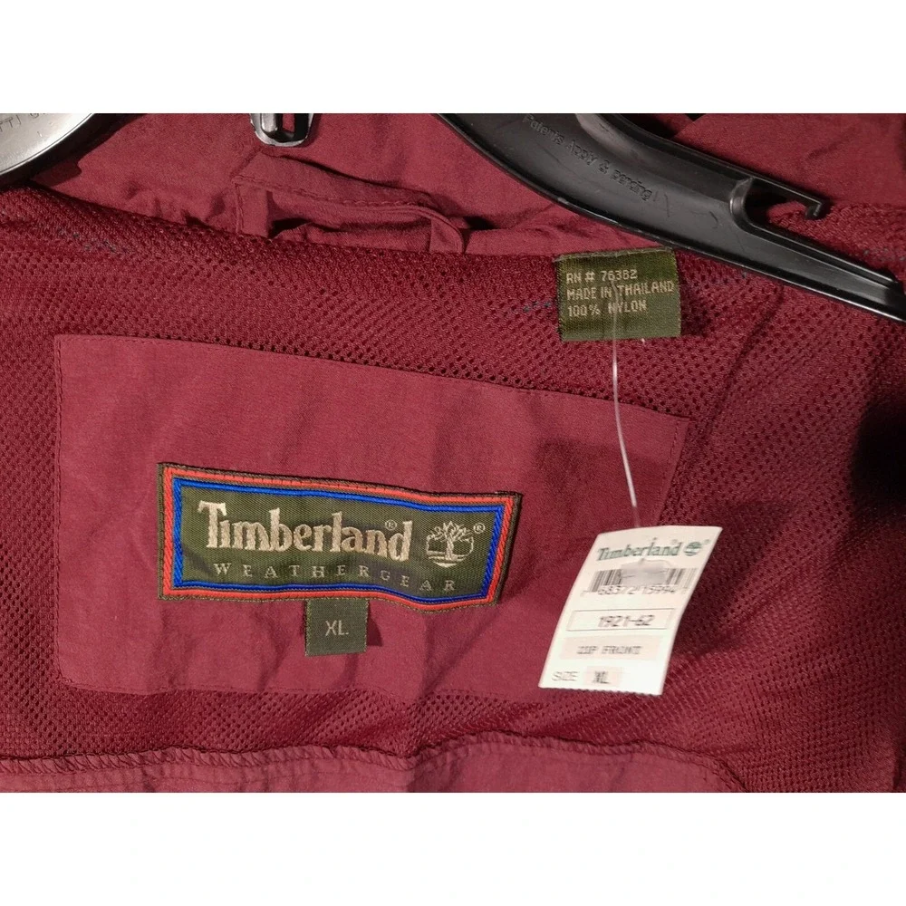 Timberland Rain Jacket Mens Burgundy Teal XL Vintage 90s Weathergear Hooded Coat